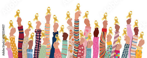 Group of multicultural children hands holding a golden ribbon for Childhood Cancer Awareness Month 