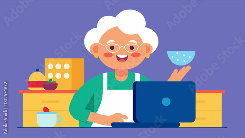 An elderly woman scrolling through her favorite recipe website excited to try out a new dish she just learned about in her computer class.. Vector illustration