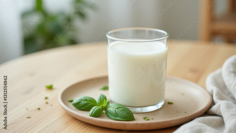 A glass of milk with a sprig of mint on a wooden table. A glass of milk with a sprig of mint on a wooden table.