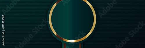 Emerald green circle gold frame, striped backdrop, elegant design, invitation template