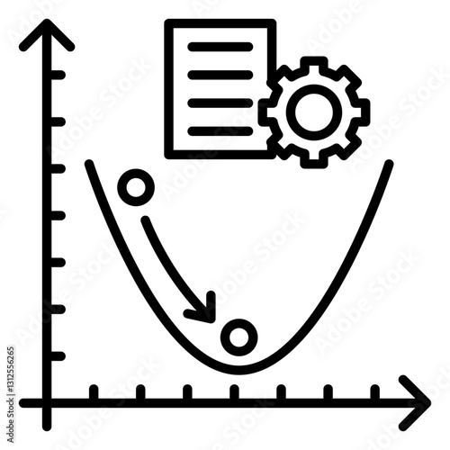 Minimalist outline icon representing gradient descent in machine learning. Features a graph with a downward arrow, document, and gear, symbolizing AI optimization and model training.