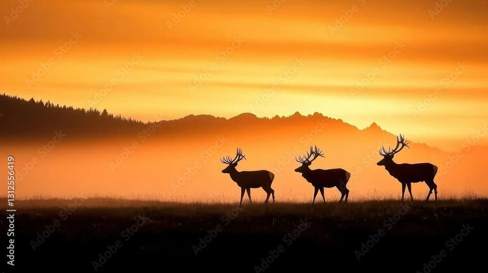 Naklejka premium Three Deer Silhouettes at Sunrise Over Misty Mountains