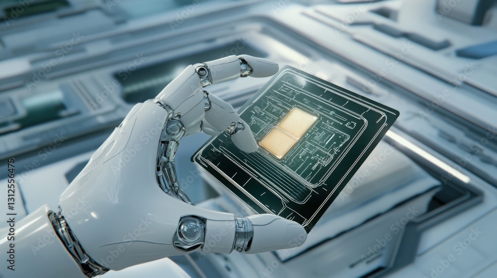 Obraz premium A futuristic robotic hand carefully assembling a delicate object, sci-fi and technological