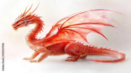 Red Dragon with Spiked Scales and Large Wings on White Background