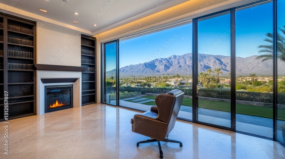 Fototapeta premium Modern interior with a cozy chair overlooking mountain and palm trees in a serene setting