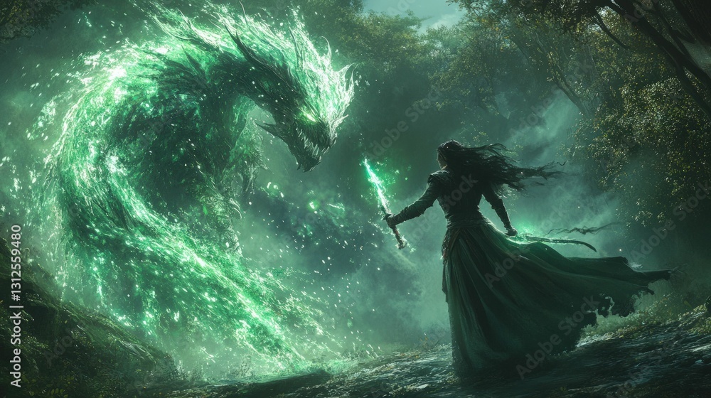 Obraz premium Woman battles emerald dragon mystical forest