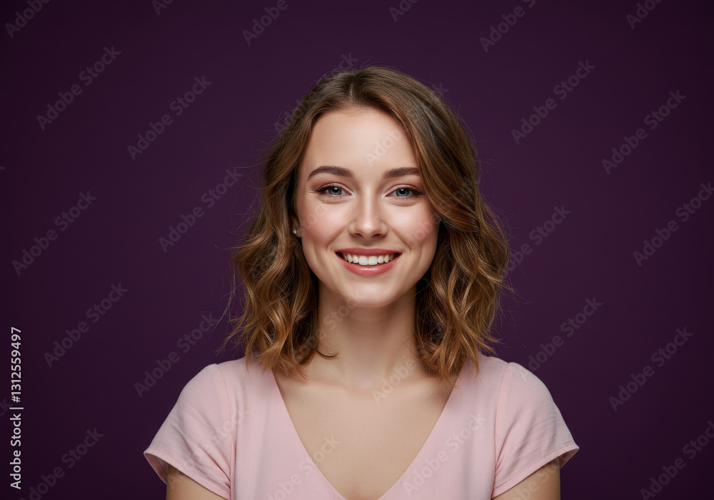 Fototapeta premium Young woman European happy on purple background
