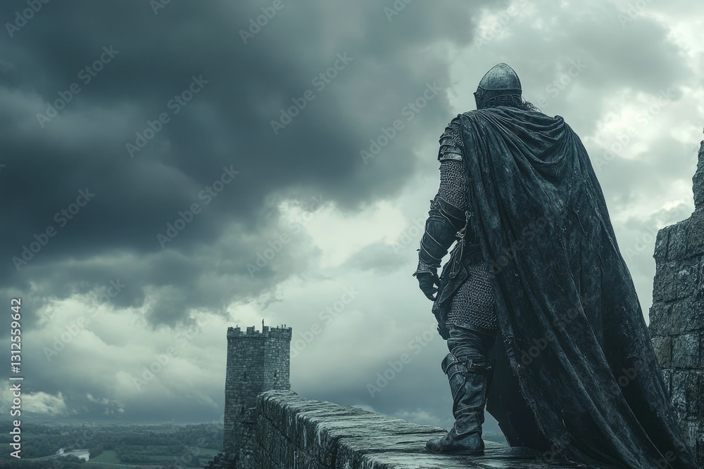 Lone knight, dark cloak, stormy sky, ancient walls. Lone knight, dark cloak, stormy sky, ancient walls.