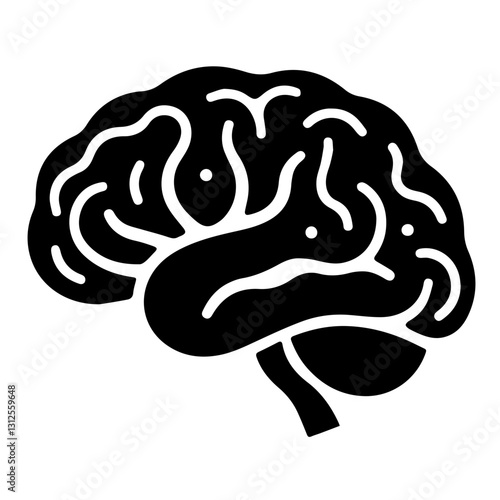 Black stylized brain icon with curved lines representing intelligence and creativity in a conceptual design on a transparent background