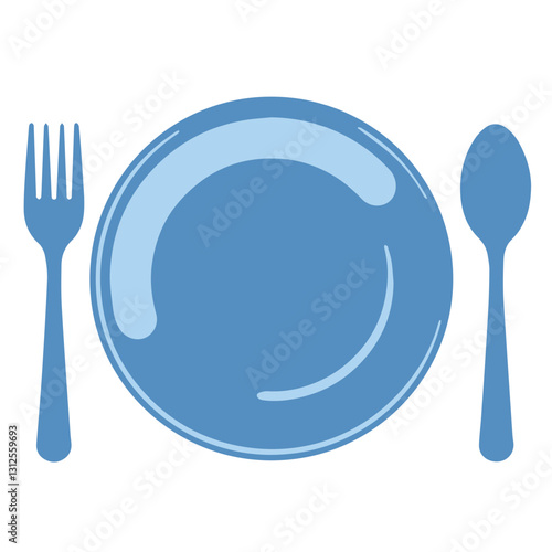 Monochromatic blue plate with fork and spoon icon in a flat digital style on a transparent background