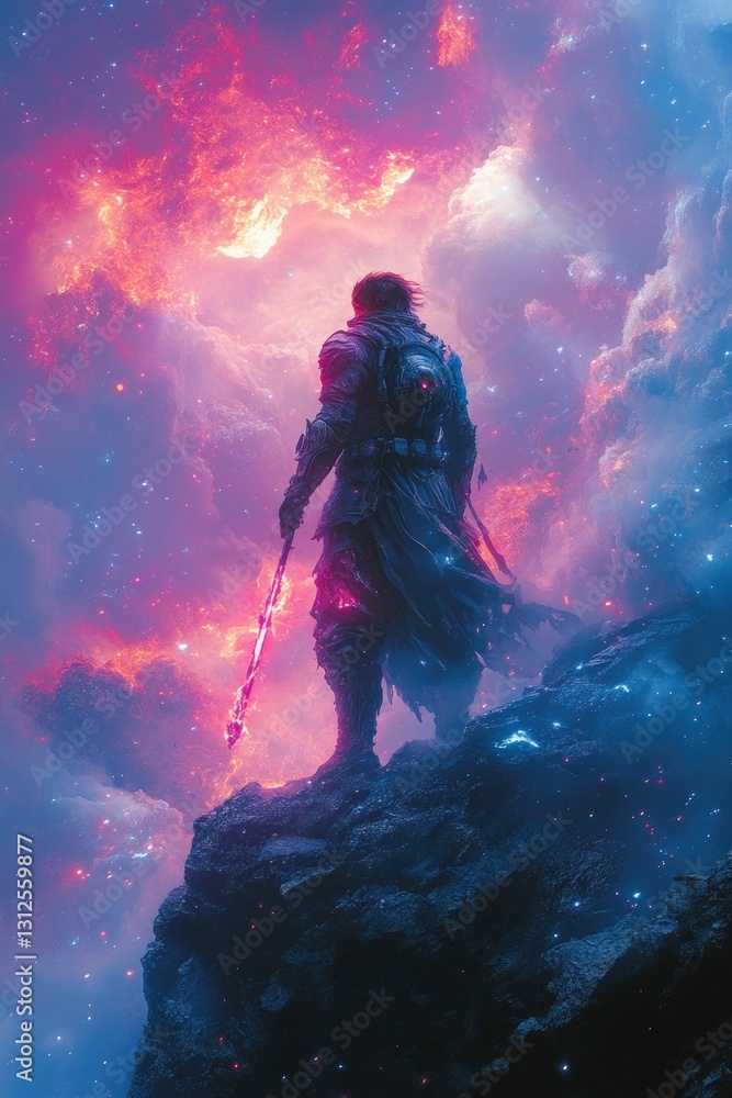 Obraz premium Lone warrior gazing cosmic fiery landscape