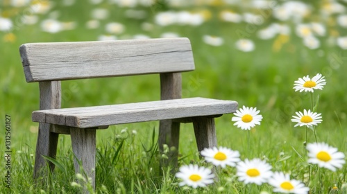 A rustic wooden bench placed in the middle of a serene daisy field, inviting peaceful contemplation