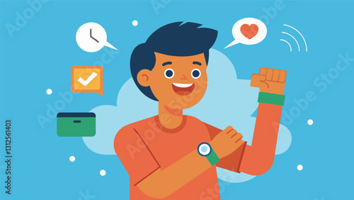 One attendee excitedly shows off her new smart watch which she just learned how to use to track her daily activity and receive notifications straight to her wrist.. Vector illustration