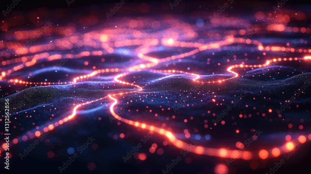 Glowing trails weave across a dark, particle landscape. Glowing trails weave across a dark, particle landscape.