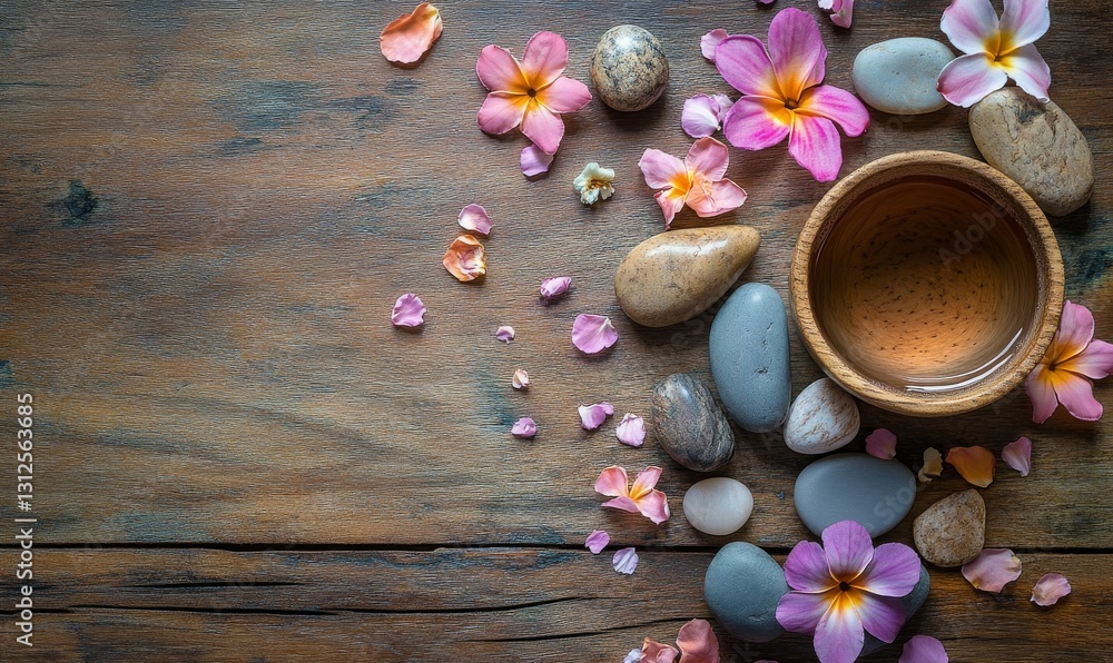 Relaxing herbal tea with colorful flower petals and smooth stones on a wooden surface Relaxing herbal tea with colorful flower petals and smooth stones on a wooden surface