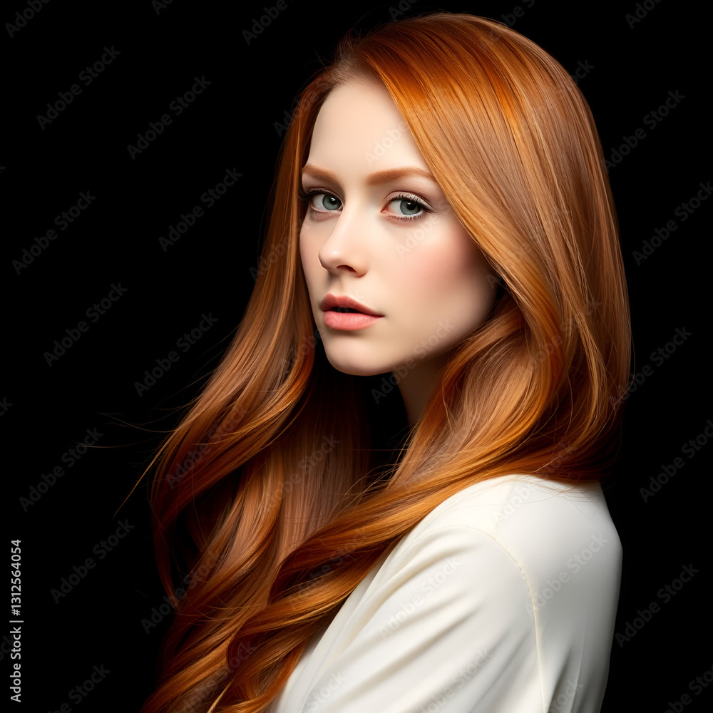 Beautiful woman model with long ginger red silky shining hair for hair products advertising on black background.Macro.AI Generative. Beautiful woman model with long ginger red silky shining hair for hair products advertising on black background.Macro.AI Generative.