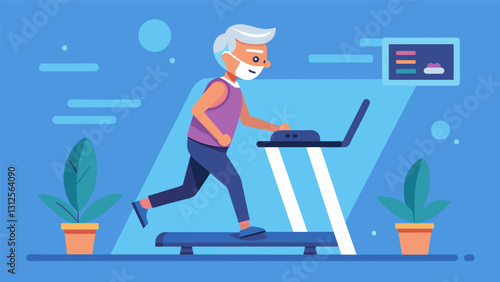 In the fitness center a baby boomer sweats it out on the treadmill determined to stay physically active and healthy while pursuing their education.. Vector illustration