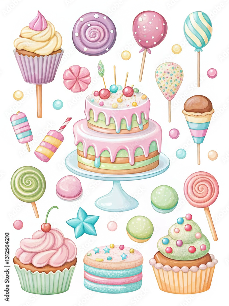 Colorful birthday cake and sweets collection. Colorful birthday cake and sweets collection.