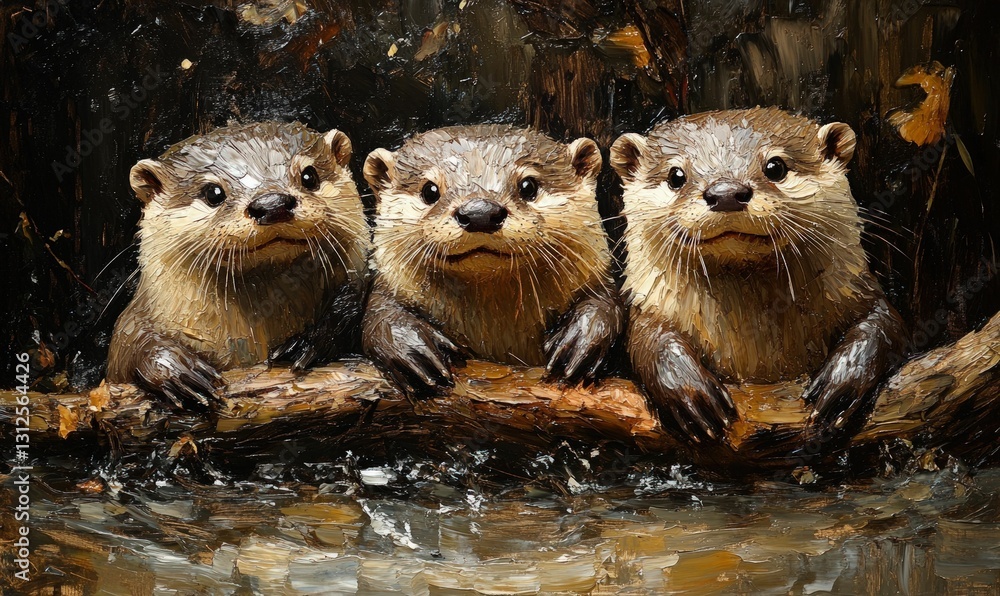 Three otters resting on log, water scene. Three otters resting on log, water scene.