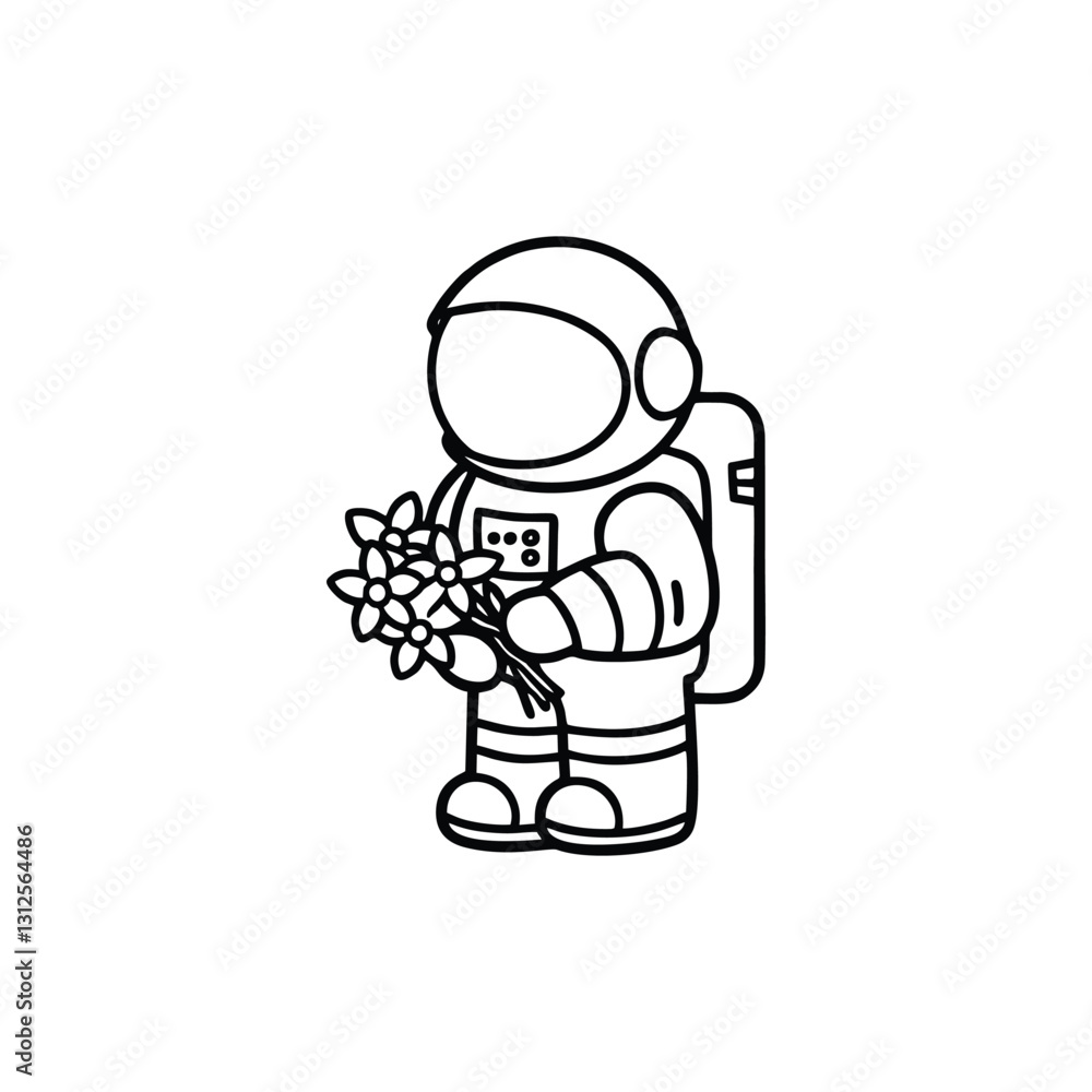 Astronaut carrying flowers with vector lines Astronaut carrying flowers with vector lines