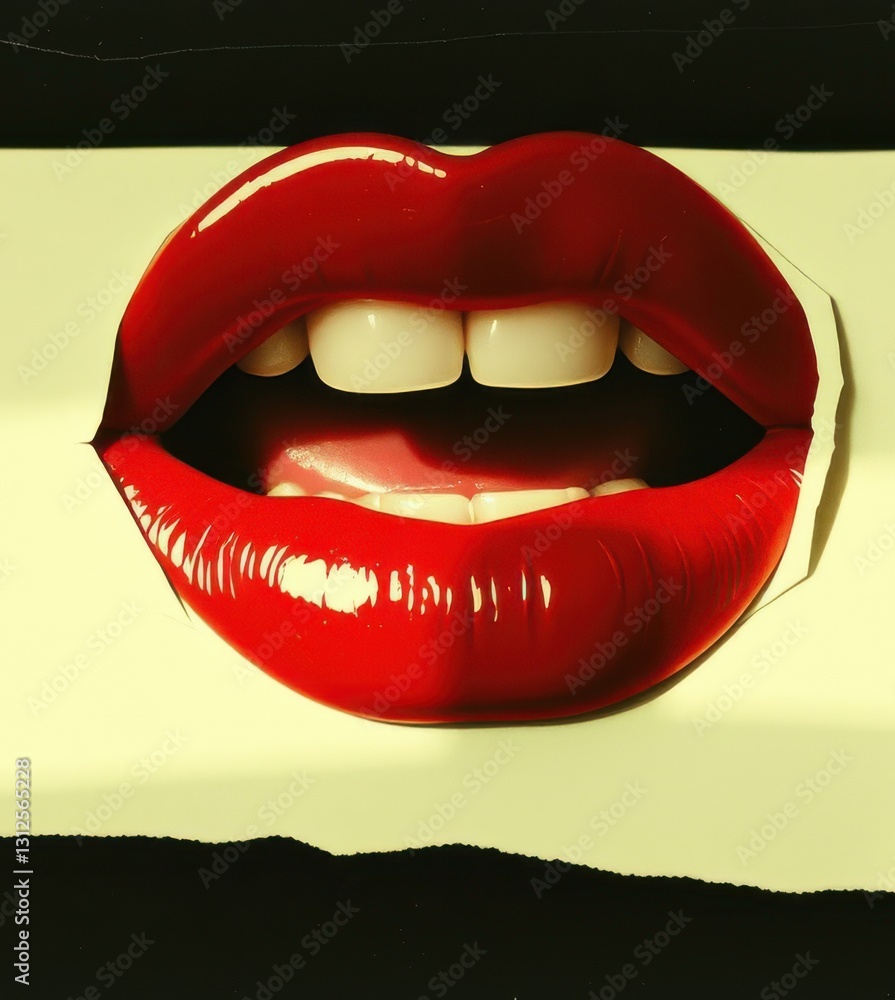 Obraz premium Bright red lips with glossy finish create captivating contrast against a stark black background, emphasizing beauty and allure in a striking artistic expression