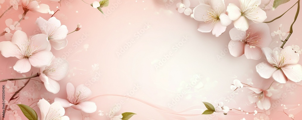 Soft pink background with blank card and delicate flowers for elegant invitations and notes Soft pink background with blank card and delicate flowers for elegant invitations and notes
