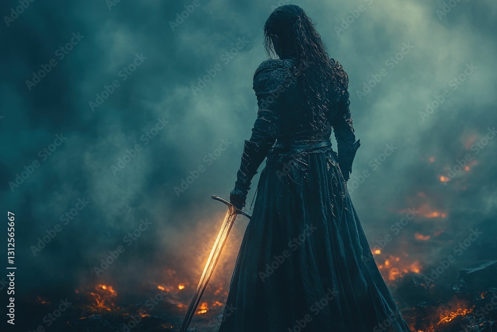 Solitary warrior stands defiant amidst fiery chaos. Solitary warrior stands defiant amidst fiery chaos.