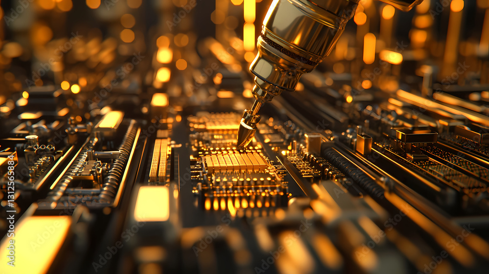 A close-up of a robotic arm interacting with a circuit board, showcasing intricate details and metallic textures in a futuristic environment. A close-up of a robotic arm interacting with a circuit board, showcasing intricate details and metallic textures in a futuristic environment.