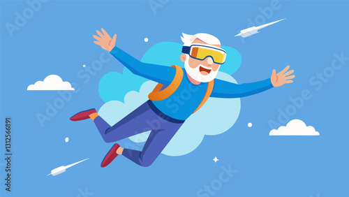 An elderly man experiencing a virtual reality simulation of skydiving fulfilling a lifelong dream and feeling a sense of accomplishment and thrill without ever having to leave the. Vector illustration
