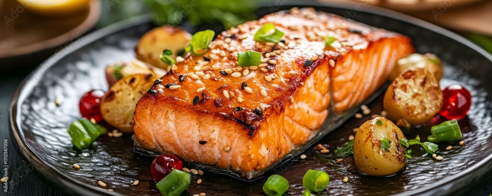 Salmon sashimi with sesame seeds and green onions served on a textured plate Salmon sashimi with sesame seeds and green onions served on a textured plate