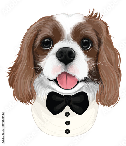 Groom cavalier puppy in tuxedo