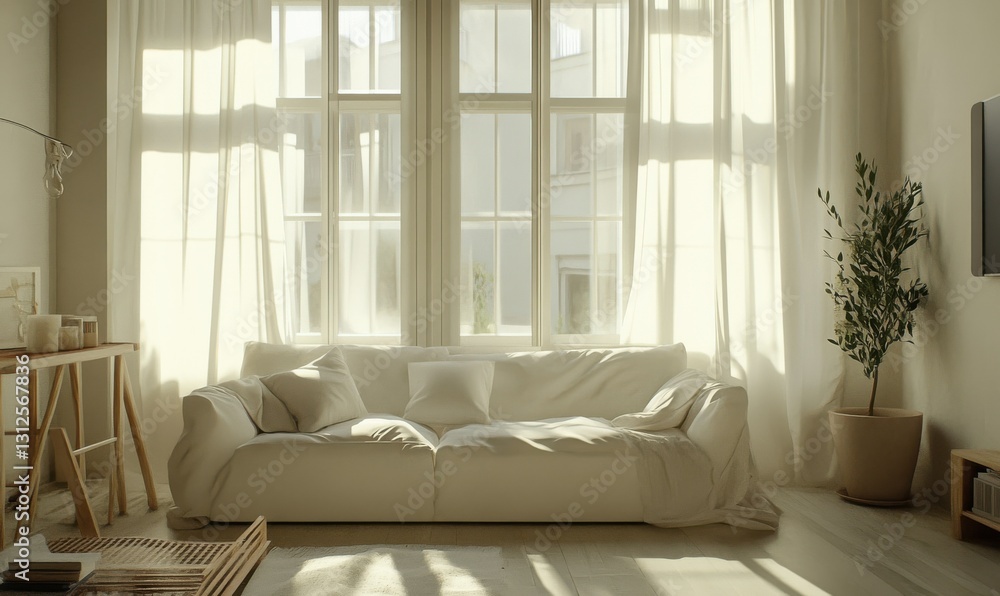 Fototapeta premium Bright living room with a clean white sofa, neutral accents, and sunlight streaming through large windows, creating a fresh and airy ambiance