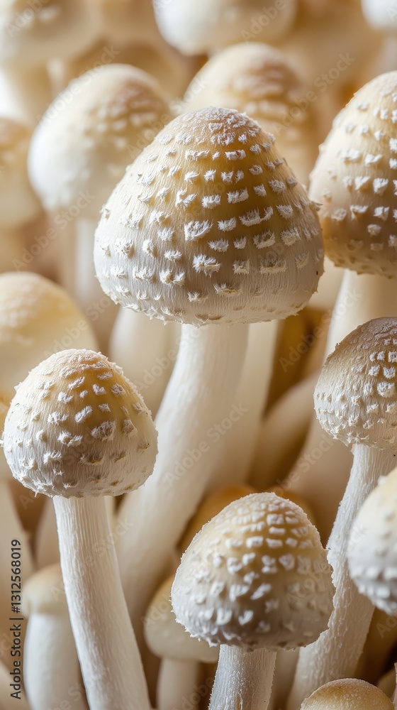 Close-up of Shimeji mushrooms with slender stems and speckled caps, representing natural growth. Ideal for culinary, organic farming, and gourmet food concepts. Close-up of Shimeji mushrooms with slender stems and speckled caps, representing natural growth. Ideal for culinary, organic farming, and gourmet food concepts.