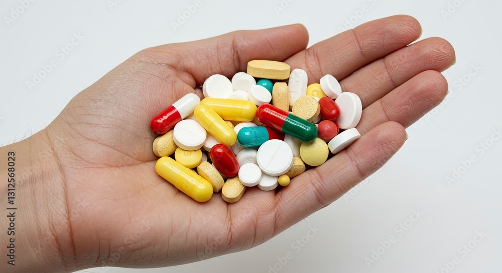 Holding Various Colorful Pills and Capsules in Hand on White Background Holding Various Colorful Pills and Capsules in Hand on White Background