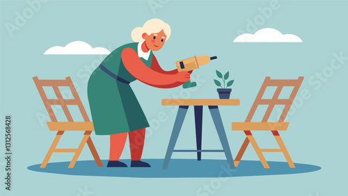 An elderly woman using a power drill to assemble a set of sy wooden chairs for her patio.. Vector illustration