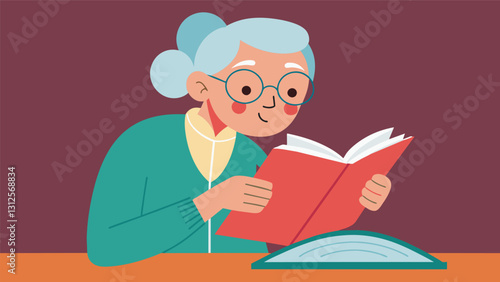 An elderly woman intently studying a textbook determined to conquer the complexities of grammar in her second language.. Vector illustration