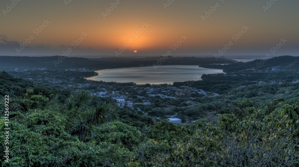 Tropical sunset over lake and town from high vantage point Tropical sunset over lake and town from high vantage point