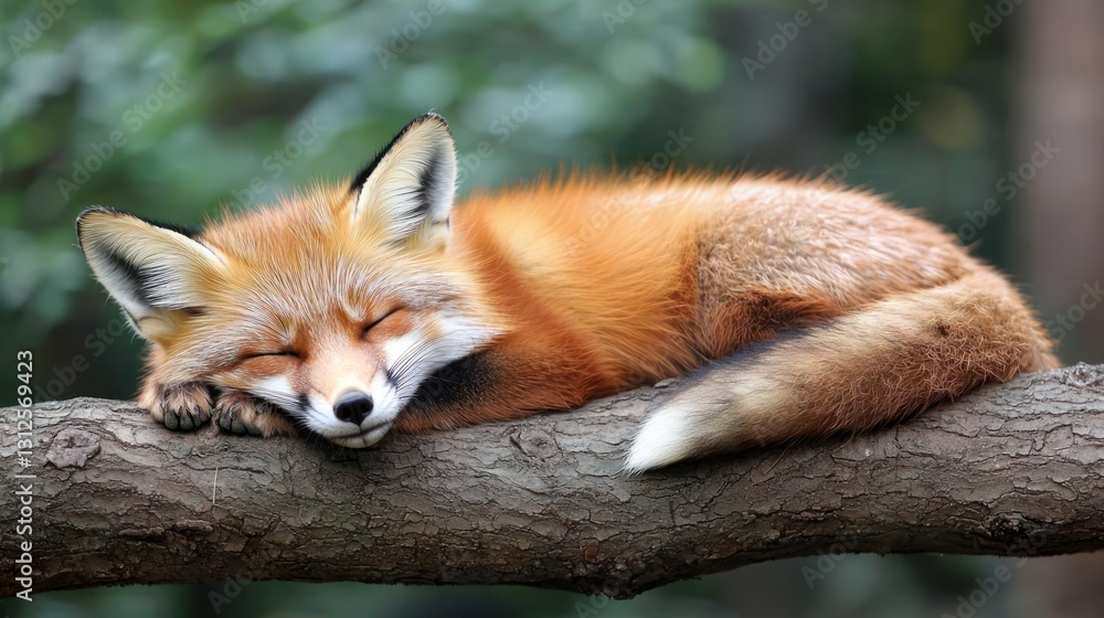 Obraz premium Red Fox Sleeping Peacefully on Tree Branch