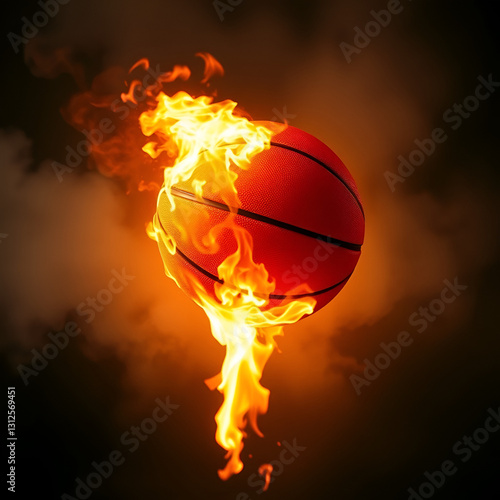 Burning basketball illuminates a hazy backdrop, leaving a trail of flames. Its intense energy and heat symbolize the power and competitiveness of sports photo