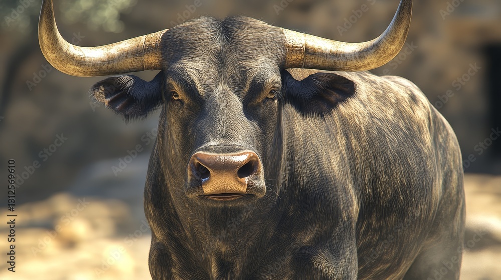 A bull with horns is standing in a field A bull with horns is standing in a field