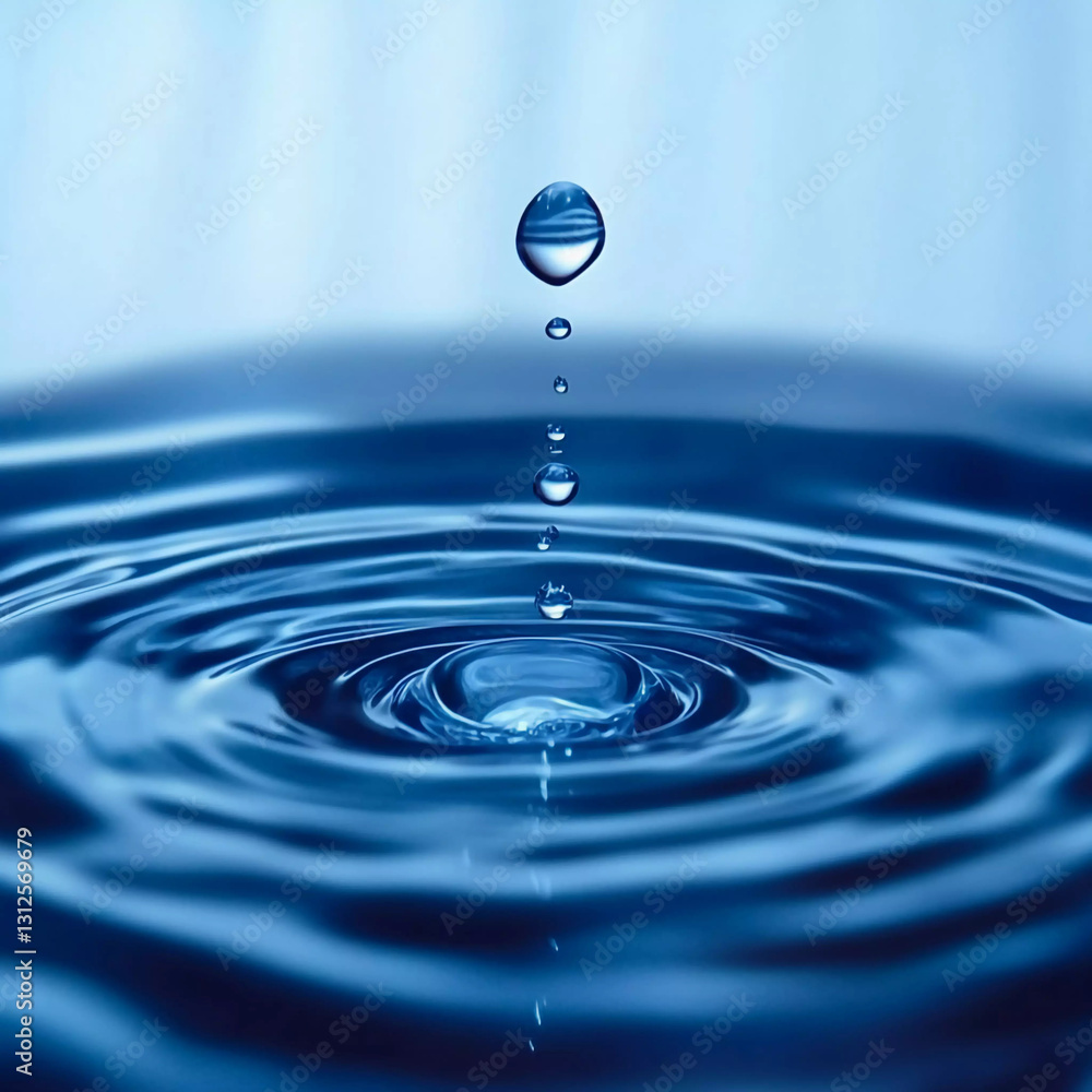 Ripples form in water after a droplet falls, creating beautiful patterns and reflections in serene blue tones Ripples form in water after a droplet falls, creating beautiful patterns and reflections in serene blue tones