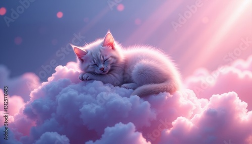 A fluffy kitten sleeps peacefully on a floating cloud in a dreamy sky.
