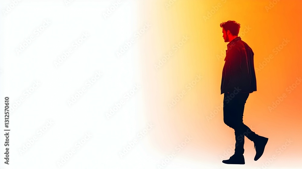 Obraz premium Silhouette of a Man Walking Away into a Warm Orange and Red Sunset