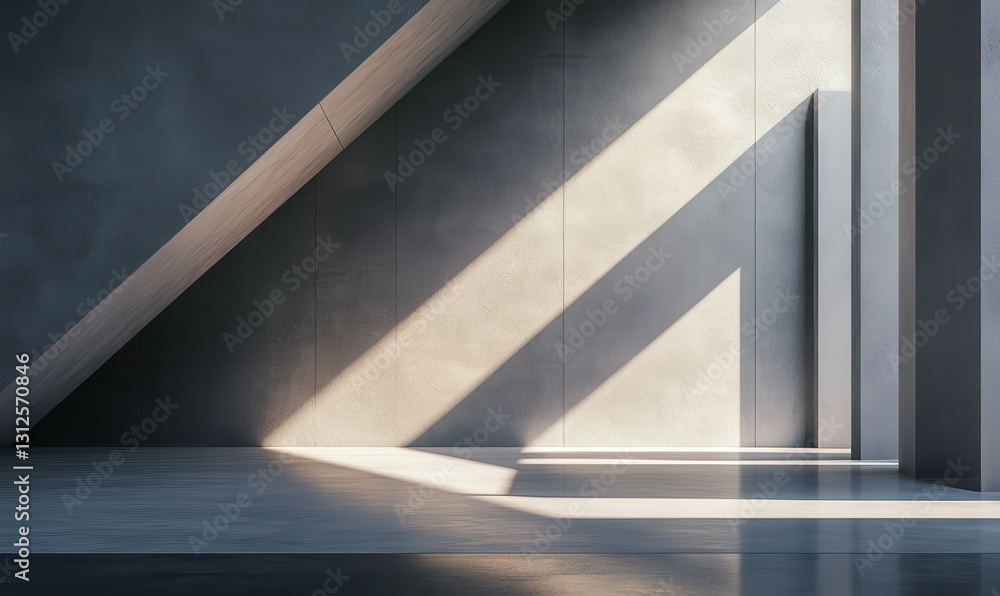 Fototapeta premium Minimalist geometric wall design in shades of gray with sharp angular patterns, soft diffused light creating depth and a modern aesthetic