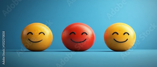 Three smiling faces are shown in a row, with one red and two yellow