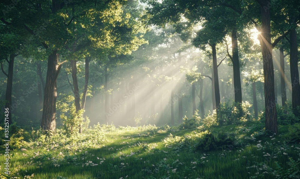 Scenic forest clearing with sunlight streaming through tall trees, illuminating the lush greenery and creating a serene atmosphere Scenic forest clearing with sunlight streaming through tall trees, illuminating the lush greenery and creating a serene atmosphere