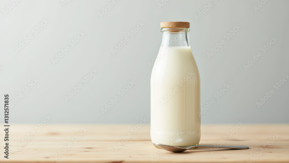 Glass bottle of milk with label on wooden surface. Glass bottle of milk with label on wooden surface.