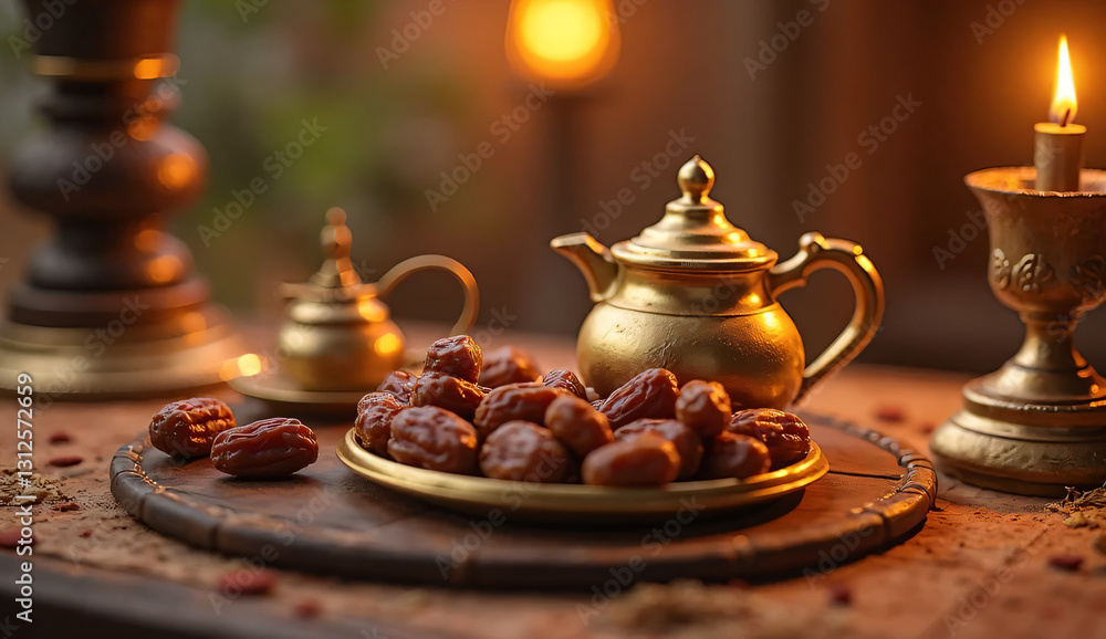 Fototapeta premium Traditional Ramadan Iftar Setting with Dates and Tea