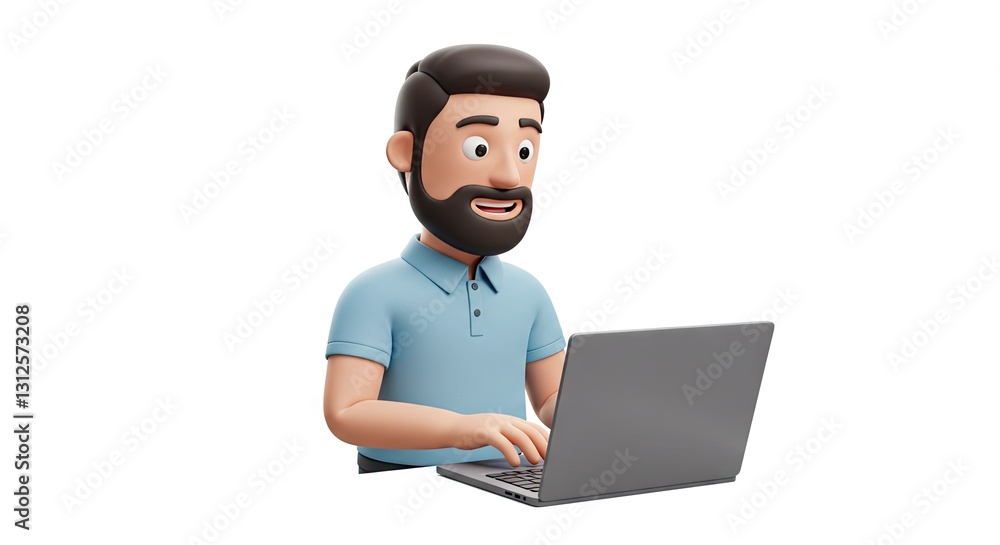 Man Working on Laptop Computer with Beard and Light Blue Shirt Man Working on Laptop Computer with Beard and Light Blue Shirt