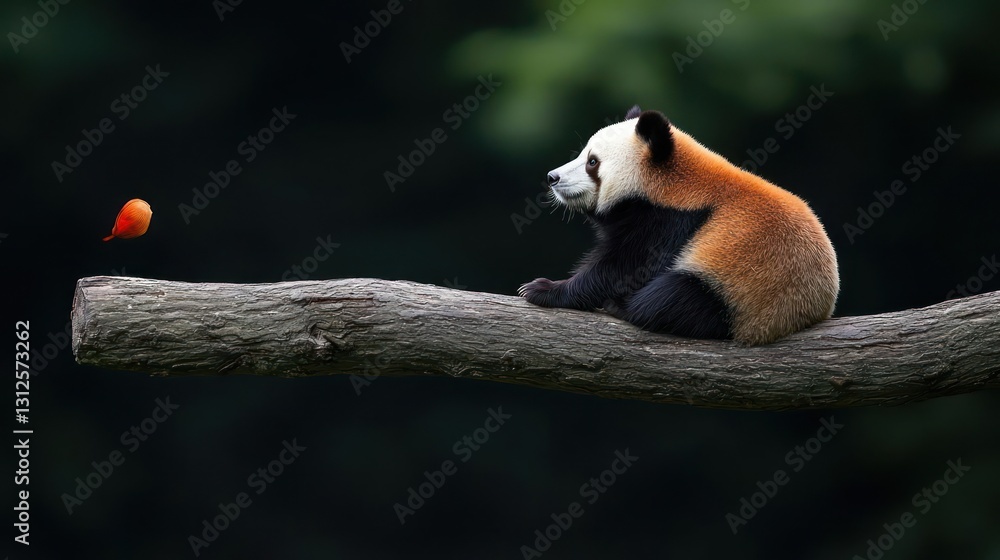 Obraz premium Red Panda on Tree Branch Watching Fruit
